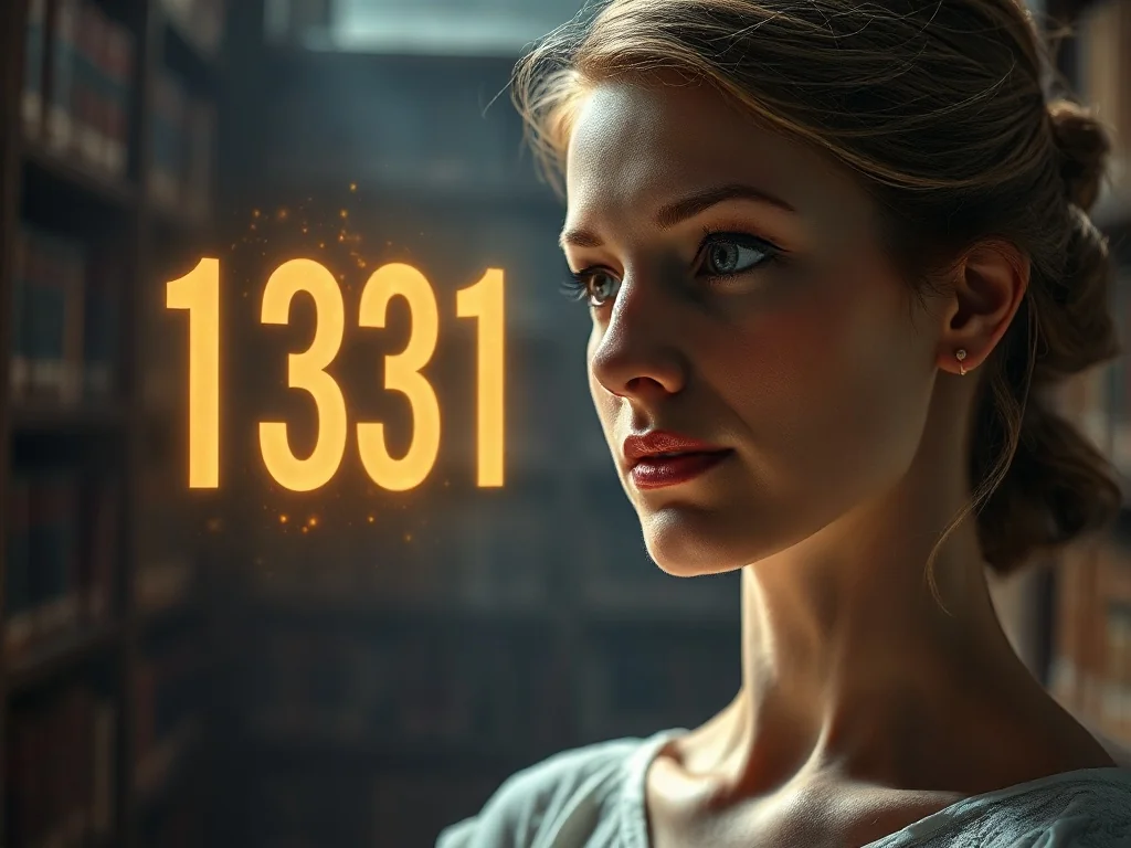 Kobieta zamyślona nad unoszącą się w powietrzu, świecącą liczbą 1331 w mistycznej bibliotece.