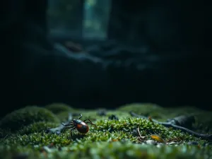 Kobieta śpiąca spokojnie w sypialni, wokół której unoszą się świetliste sylwetki szczurów w onirycznym, sennym klimacie.