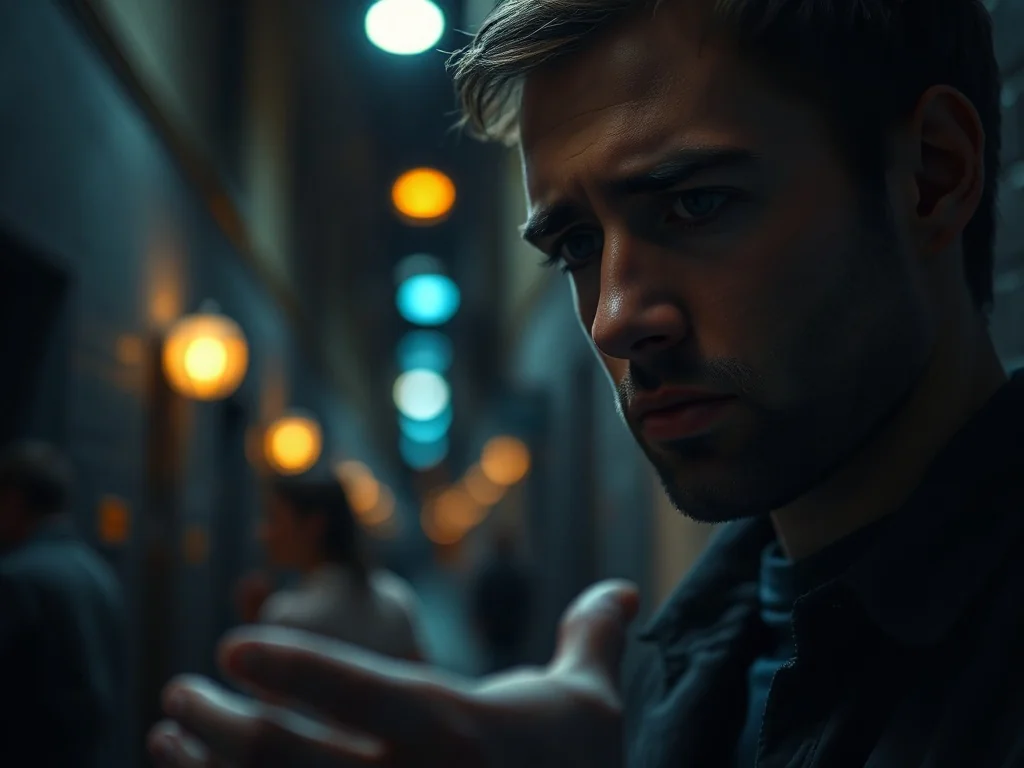 Zaniepokojony mężczyzna patrzący na pustą dłoń w nocnej scenerii, symbolizujący lęk przed utratą telefonu w senniku.